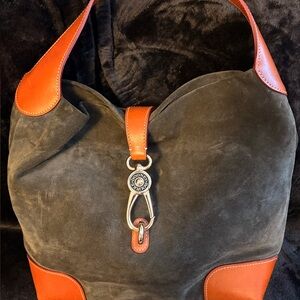 Dooney & Bourke Gray Suede Logo Lock Hobo Bag